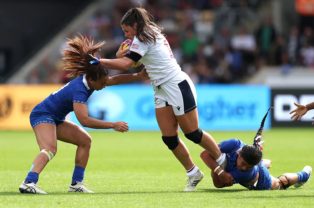 YORK, ENGLAND - SEPTEMBER 06: Ilona Maher of USA in action during the Women's Rugby World Cup 2025 Pool A match between USA and Samoa at York Community Stadium on September 06, 2025 in York, England. (Photo by Stu Forster/Getty Images)